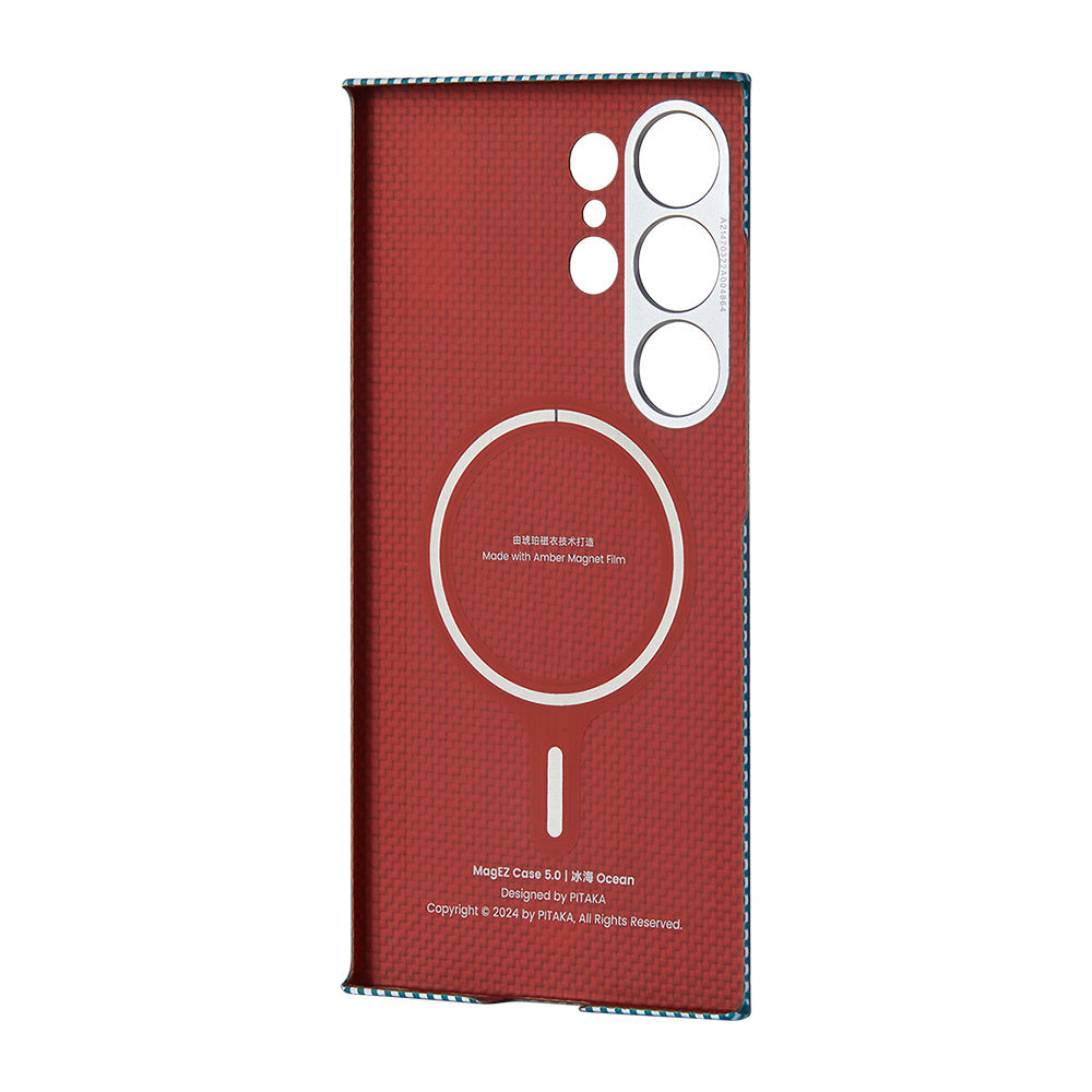 Galaxy S24 Ultra Kılıf M-safe Şarj Özellikli 1500D Aramid Fiber Pitaka Ultra-Slim Classic Serisi Ice Sea Kapak Mavi