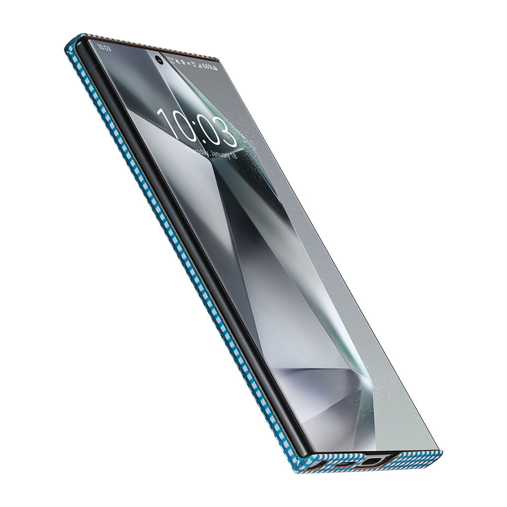 Galaxy S24 Ultra Kılıf M-safe Şarj Özellikli 1500D Aramid Fiber Pitaka Ultra-Slim Classic Serisi Ice Sea Kapak Mavi