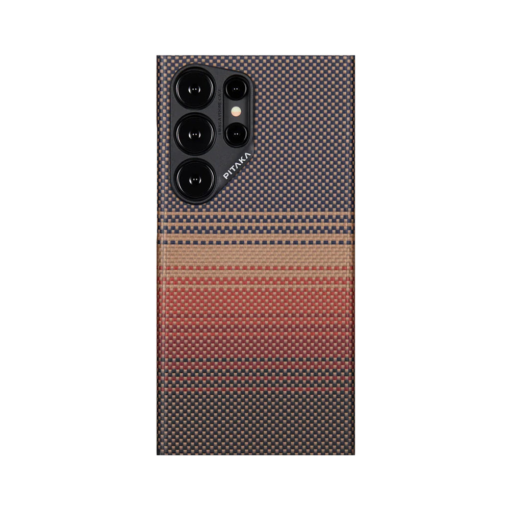 Galaxy S24 Ultra Kılıf M-safe Şarj Özellikli Aramid Fiber Pitaka Tactile Woven Sunset-Moonrise Serisi Sunset Kapak Kahverengi