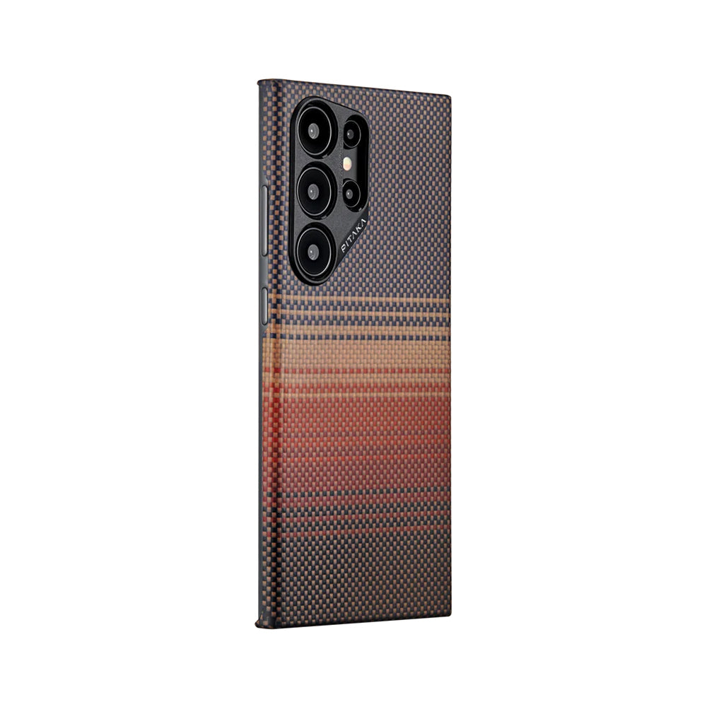 Galaxy S24 Ultra Kılıf M-safe Şarj Özellikli Aramid Fiber Pitaka Tactile Woven Sunset-Moonrise Serisi Sunset Kapak Kahverengi