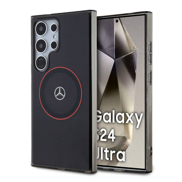 Galaxy S24 Ultra Kılıf Mercedes Benz Orjinal Lisanslı M-safe Şarj Özellikli IML Yıldız Logolu Red Ring Kapak Siyah