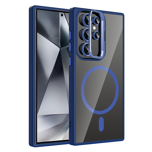 Galaxy S24 Ultra Case with Stand and Camera Lens Gift, M-Safe Charging Feature, Zore Etro Cover Navy Blue