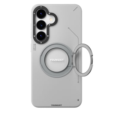 Galaxy S25 Kılıf M-safe Şarj Özellikli 360° Standlı Basit Mat Deri Desenli Youngkit Tech Leather Serisi Kapak Gri