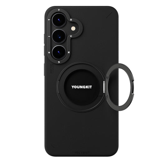 Galaxy S25 Kılıf M-safe Şarj Özellikli 360° Standlı Basit Mat Deri Desenli Youngkit Tech Leather Serisi Kapak Siyah