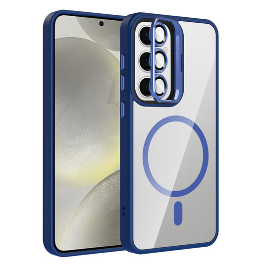 Galaxy S25 Case with Stand and Camera Lens Gift, M-Safe Charging Feature, Zore Etro Cover, Navy Blue