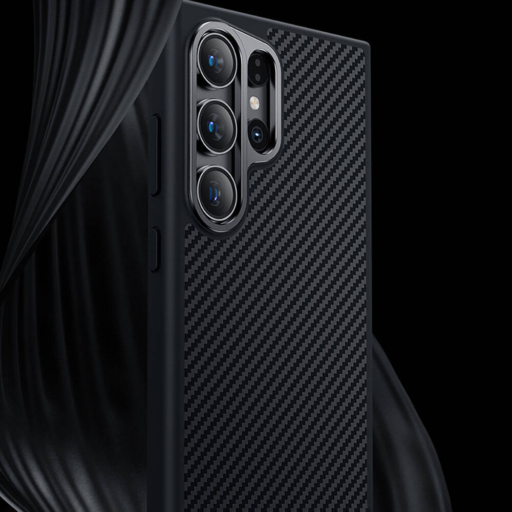 Galaxy S25 Plus Kılıf Karbon Fiber M-safe Şarj Özellikli Benks Hybrid ArmorPro 600D Kevlar Kapak Siyah