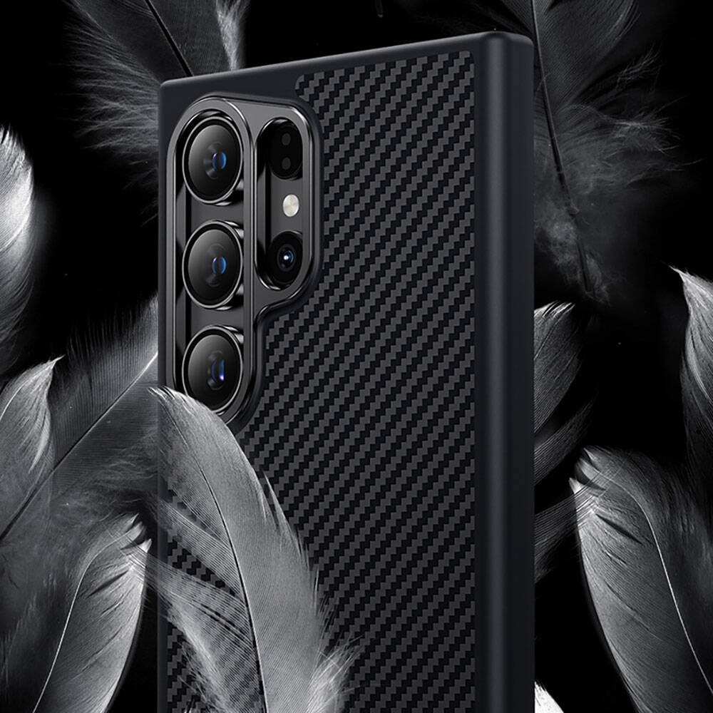 Galaxy S25 Plus Kılıf Karbon Fiber M-safe Şarj Özellikli Benks Hybrid ArmorPro 600D Kevlar Kapak Siyah