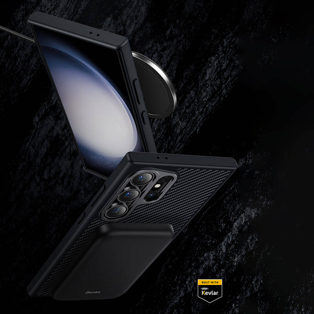 Galaxy S25 Plus Kılıf Karbon Fiber M-safe Şarj Özellikli Benks Hybrid ArmorPro 600D Kevlar Kapak Siyah