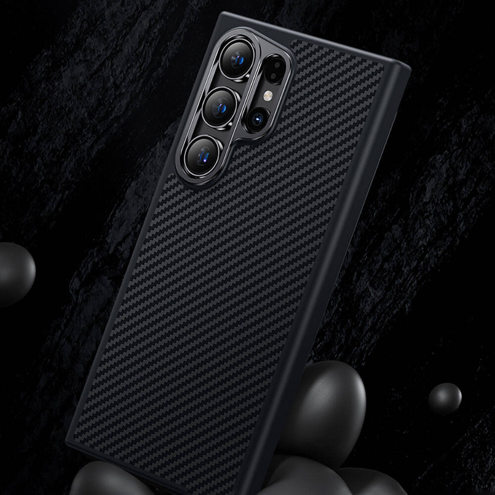 Galaxy S25 Plus Kılıf Karbon Fiber M-safe Şarj Özellikli Benks Hybrid ArmorPro 600D Kevlar Kapak Siyah