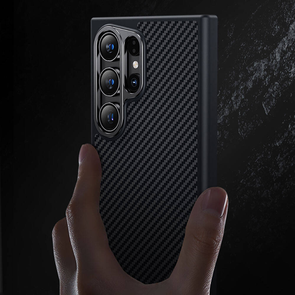 Galaxy S25 Plus Kılıf Karbon Fiber M-safe Şarj Özellikli Benks Hybrid ArmorPro 600D Kevlar Kapak Siyah