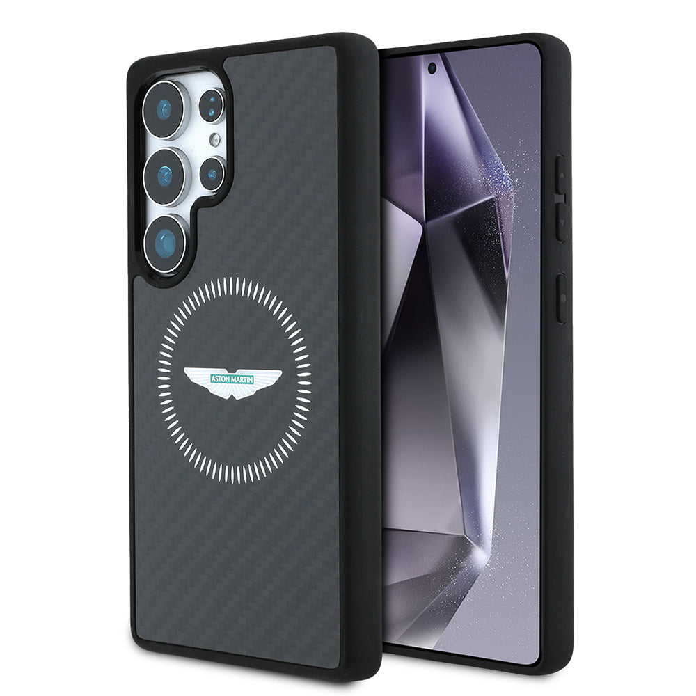Galaxy S25 Ultra Case Aston Martin Original Licensed M-Safe Charging Feature Radial Ring and Carbon Fiber Design Cover Black