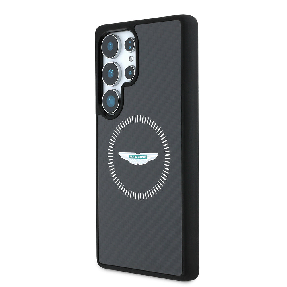 Galaxy S25 Ultra Case Aston Martin Original Licensed M-Safe Charging Feature Radial Ring and Carbon Fiber Design Cover Black