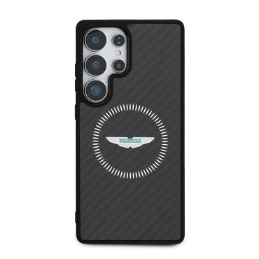 Galaxy S25 Ultra Kılıf Aston Martin Orjinal Lisanslı M-safe Şarj Özellikli Radyal Halka ve Karbon Fiber Tasarımlı Kapak Siyah