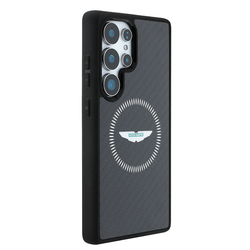 Galaxy S25 Ultra Case Aston Martin Original Licensed M-Safe Charging Feature Radial Ring and Carbon Fiber Design Cover Black
