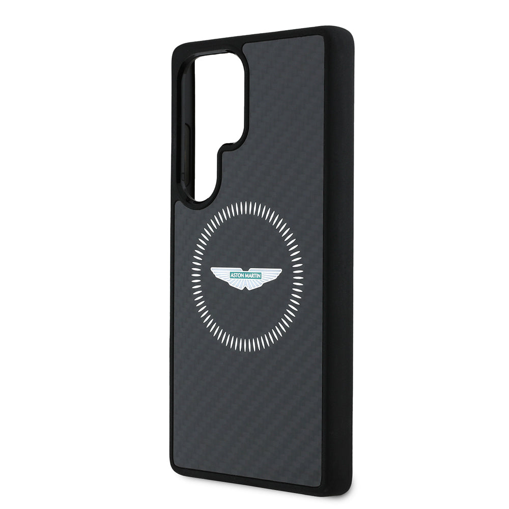 Galaxy S25 Ultra Case Aston Martin Original Licensed M-Safe Charging Feature Radial Ring and Carbon Fiber Design Cover Black