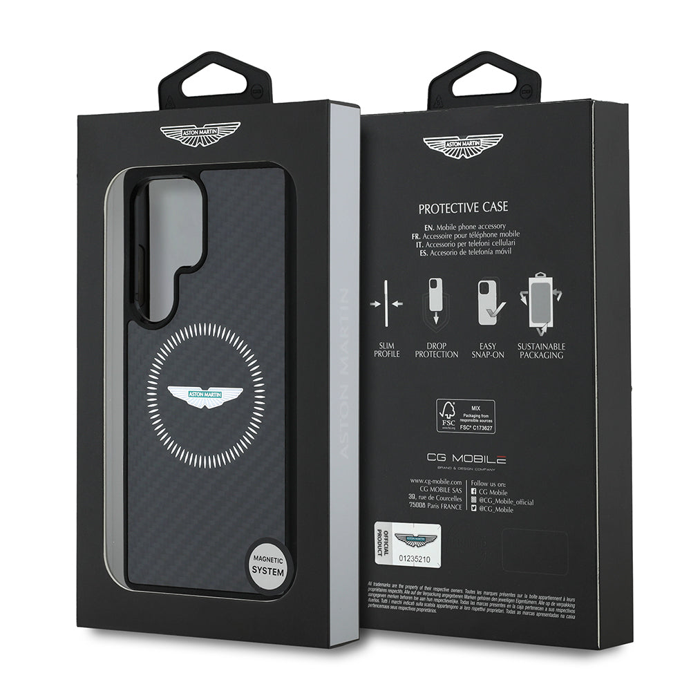 Galaxy S25 Ultra Case Aston Martin Original Licensed M-Safe Charging Feature Radial Ring and Carbon Fiber Design Cover Black