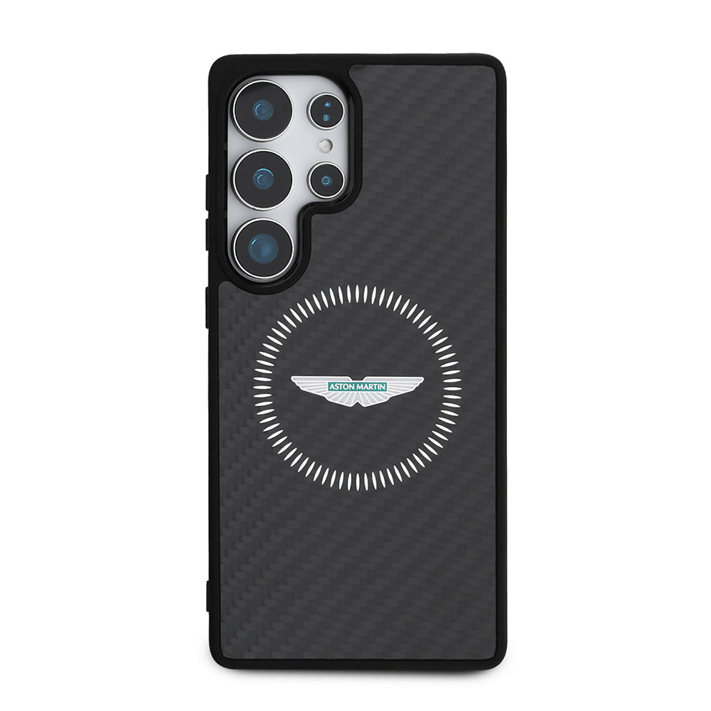 Galaxy S25 Ultra Case Aston Martin Original Licensed M-Safe Charging Feature Radial Ring and Carbon Fiber Design Cover Black