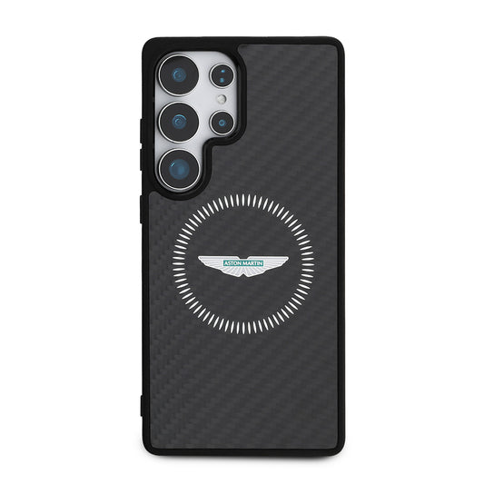 Galaxy S25 Ultra Kılıf Aston Martin Orjinal Lisanslı M-safe Şarj Özellikli Radyal Halka ve Karbon Fiber Tasarımlı Kapak Siyah