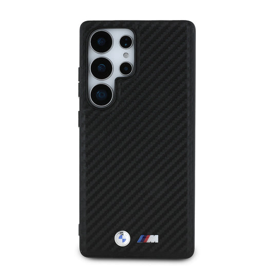 Galaxy S25 Ultra Kılıf BMW Orjinal Lisanslı M-safe Şarj Özellikli Karbon Fiber Tasarımlı ve Metal Logolu PU Deri Kapak Siyah