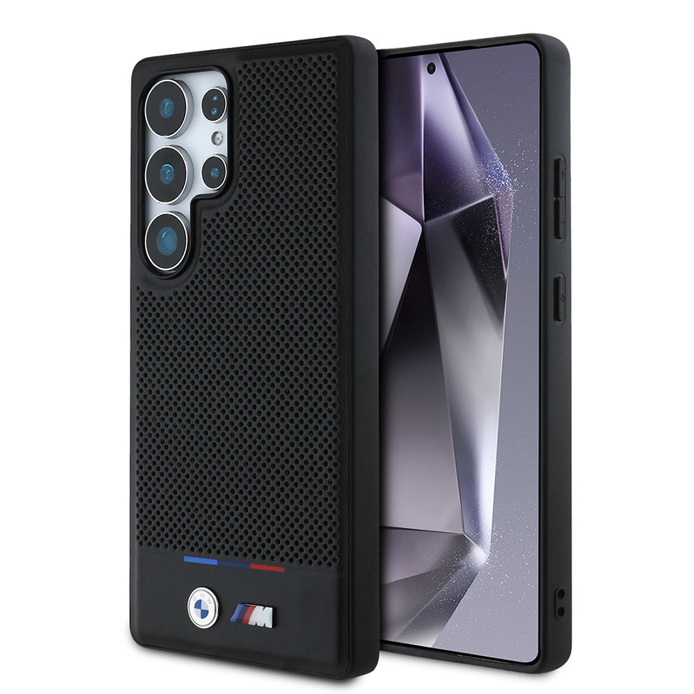 Galaxy S25 Ultra Case BMW Original Licensed M-Safe Charging Feature M Logo Bottom Three Stripes Perforated PU Leather Cover Black