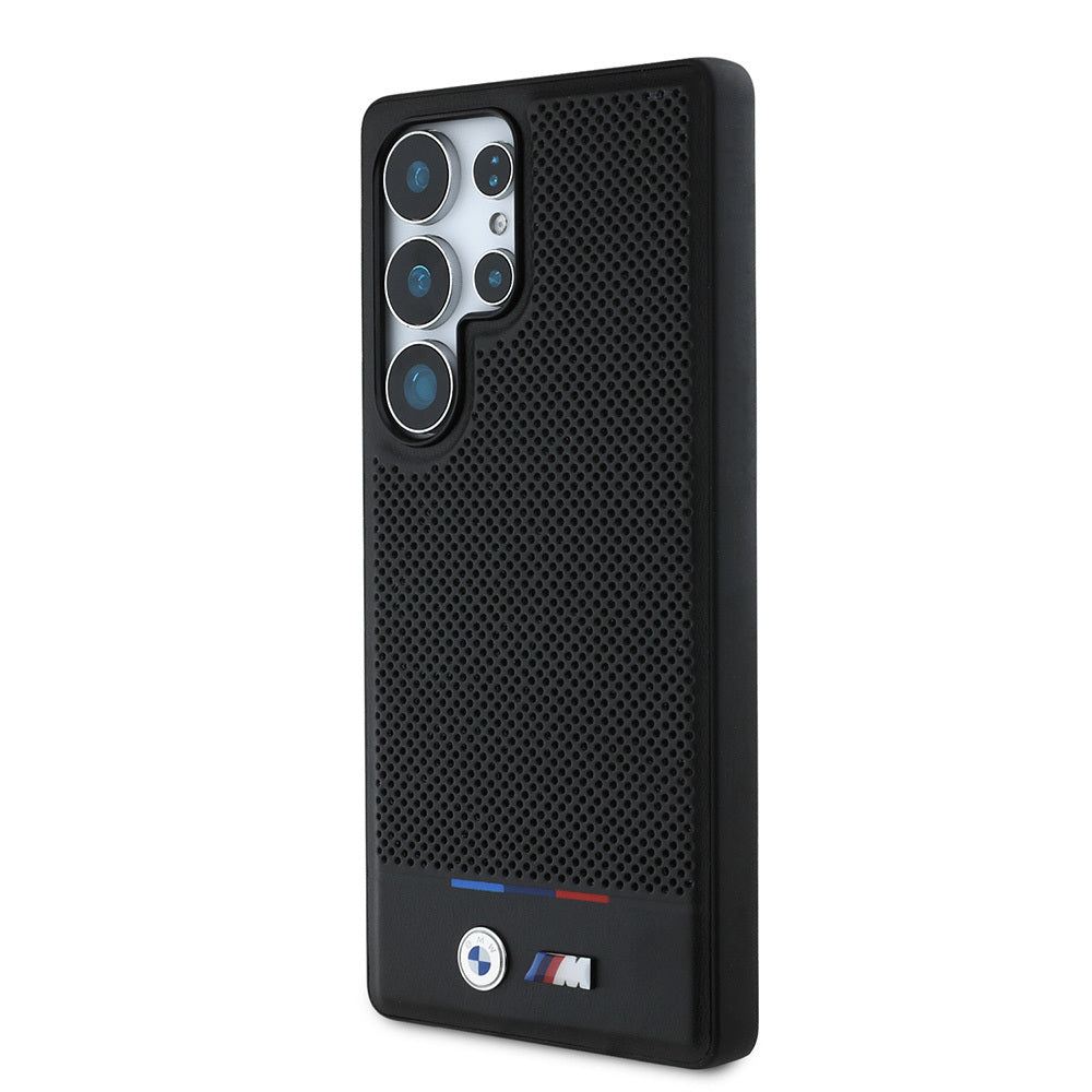 Galaxy S25 Ultra Case BMW Original Licensed M-Safe Charging Feature M Logo Bottom Three Stripes Perforated PU Leather Cover Black