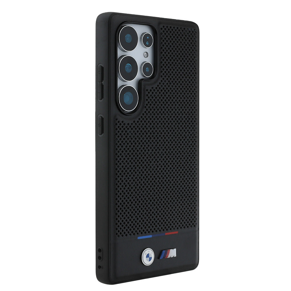 Galaxy S25 Ultra Case BMW Original Licensed M-Safe Charging Feature M Logo Bottom Three Stripes Perforated PU Leather Cover Black