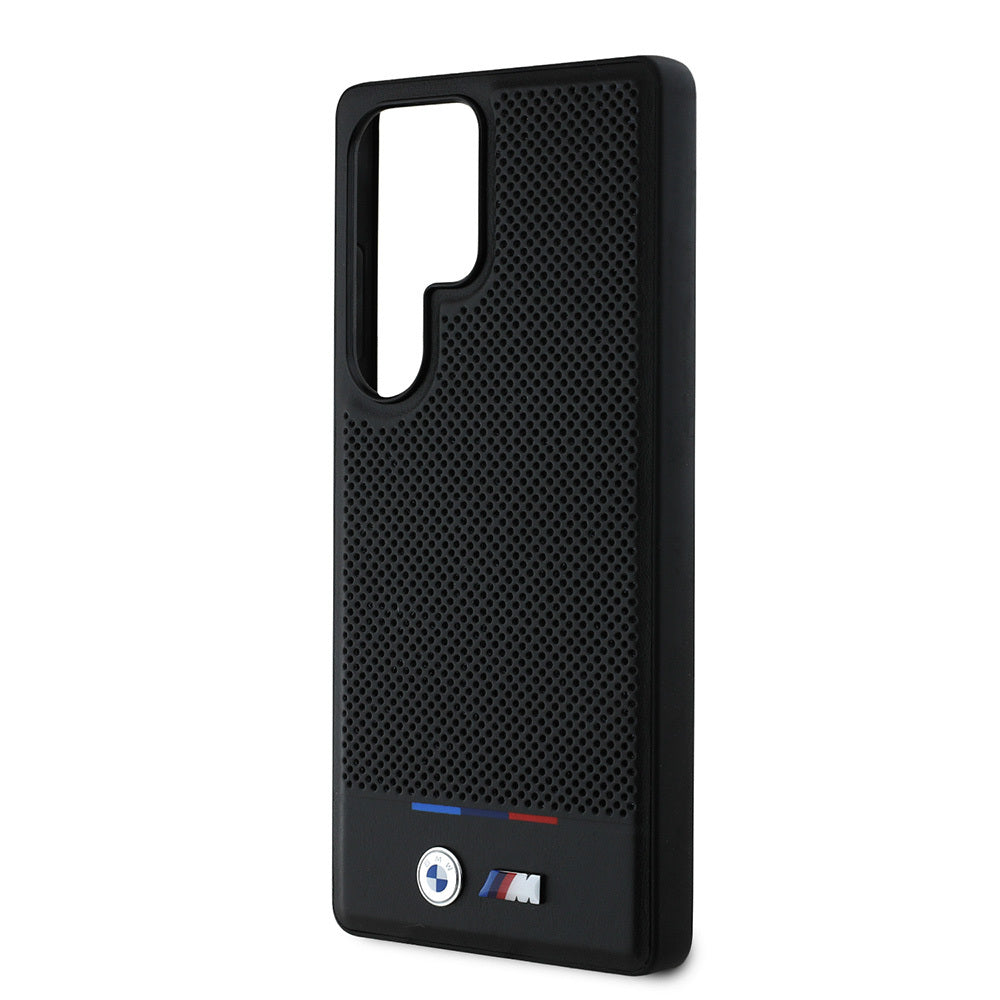 Galaxy S25 Ultra Case BMW Original Licensed M-Safe Charging Feature M Logo Bottom Three Stripes Perforated PU Leather Cover Black