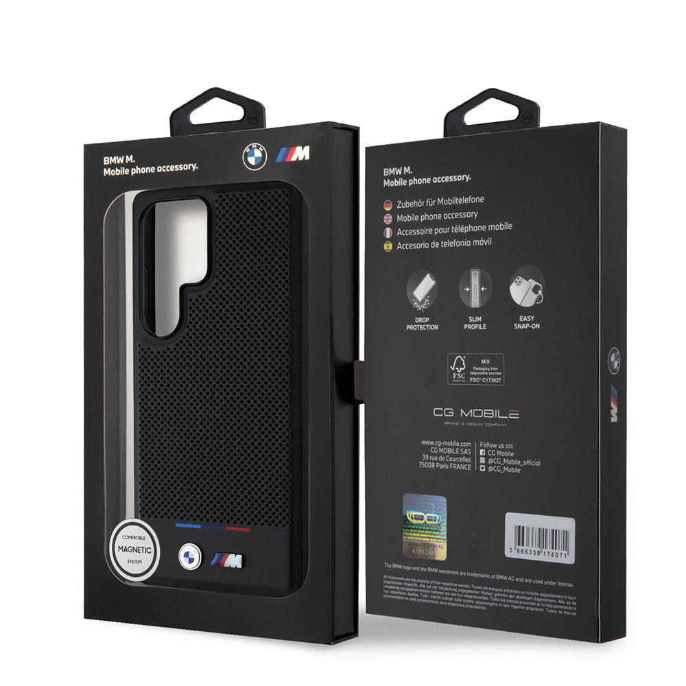 Galaxy S25 Ultra Case BMW Original Licensed M-Safe Charging Feature M Logo Bottom Three Stripes Perforated PU Leather Cover Black