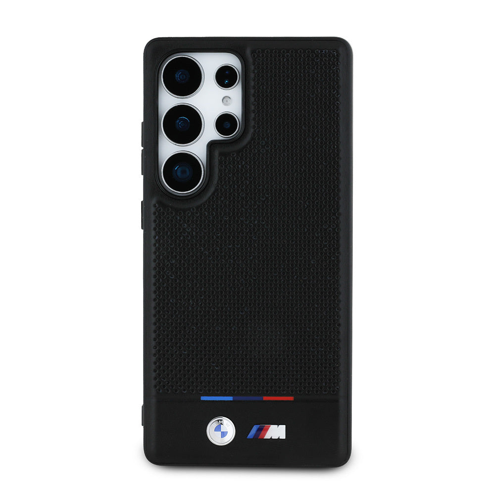 Galaxy S25 Ultra Case BMW Original Licensed M-Safe Charging Feature M Logo Bottom Three Stripes Perforated PU Leather Cover Black