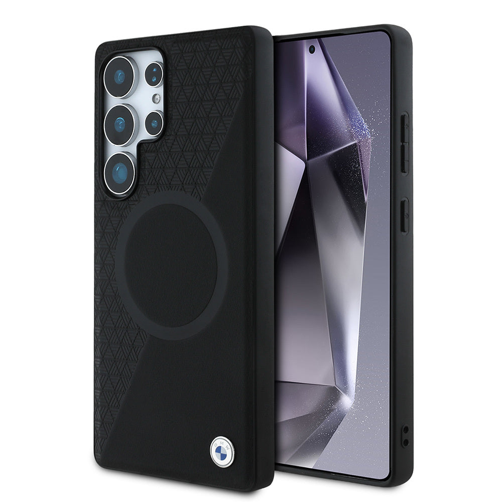 Galaxy S25 Ultra Case BMW Original Licensed M-safe Charging Feature Metal Logo Semi-Textured Circle Leather Cover Black