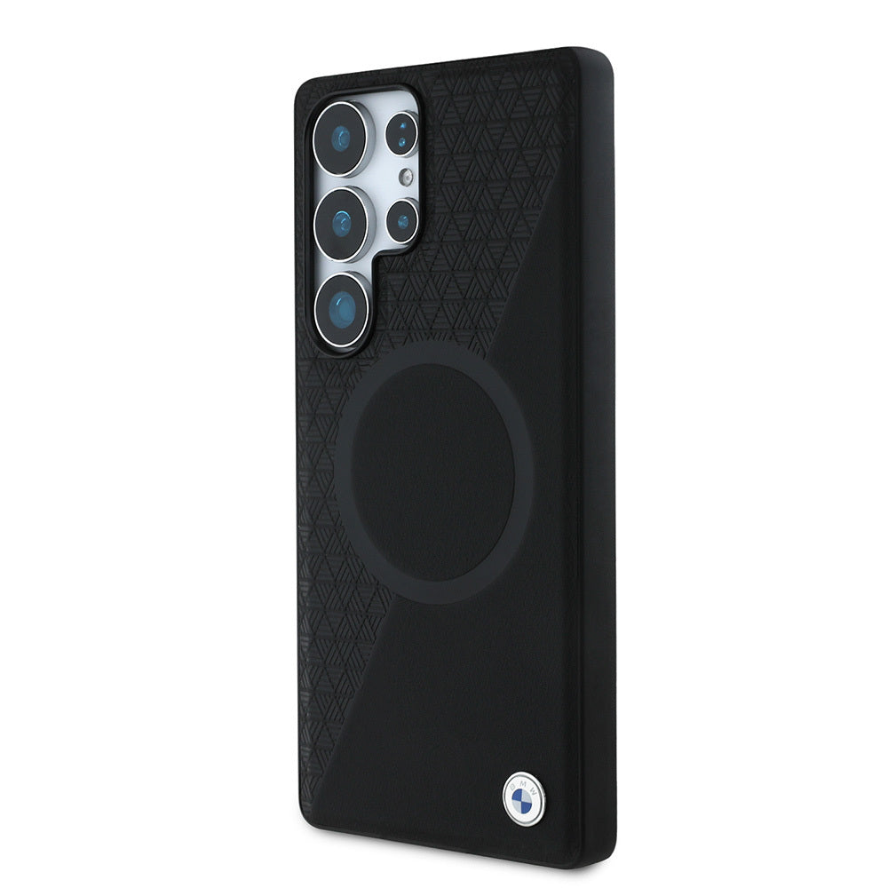Galaxy S25 Ultra Case BMW Original Licensed M-safe Charging Feature Metal Logo Semi-Textured Circle Leather Cover Black