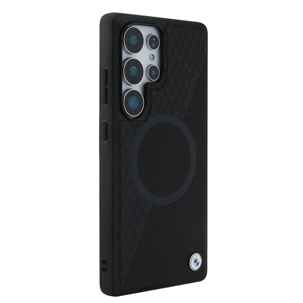 Galaxy S25 Ultra Case BMW Original Licensed M-safe Charging Feature Metal Logo Semi-Textured Circle Leather Cover Black