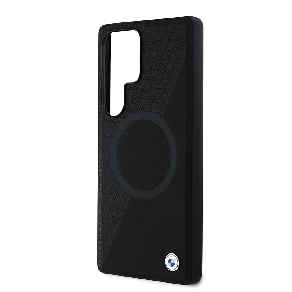 Galaxy S25 Ultra Case BMW Original Licensed M-safe Charging Feature Metal Logo Semi-Textured Circle Leather Cover Black