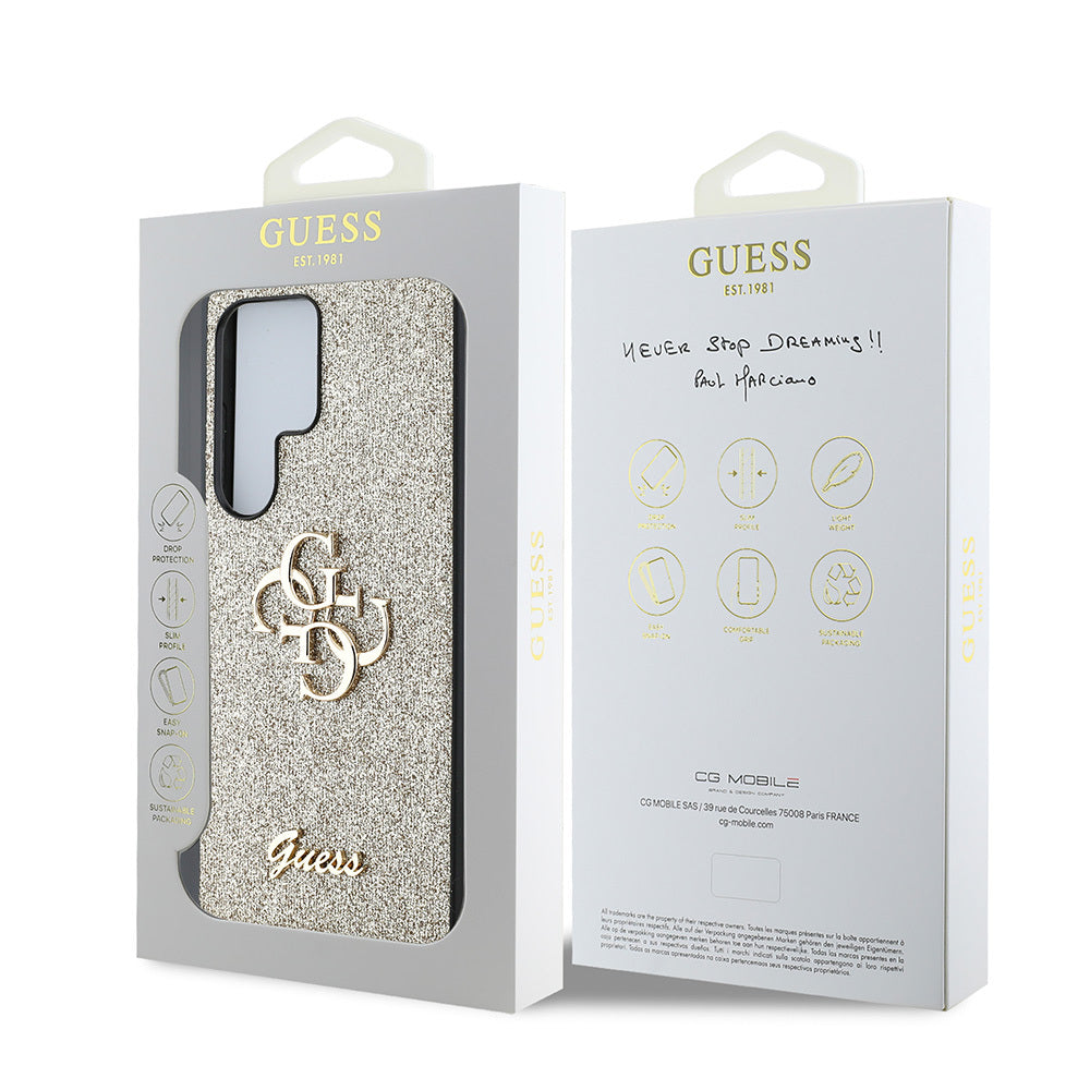 Galaxy S25 Ultra Case Guess Original Licensed 4G Large Metal Logo Glitter Cover Gold