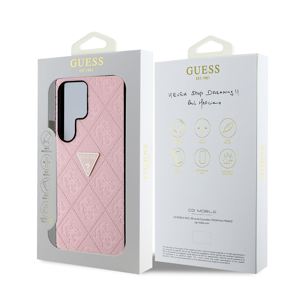 Galaxy S25 Ultra Case Guess Original Licensed 4G Patterned Hot Stamped Triangle Logo Cover Pink