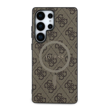 Galaxy S25 Ultra Case Guess Original Licensed M-safe Charging Feature PU Ring 4G Patterned Text Logo Cover Brown
