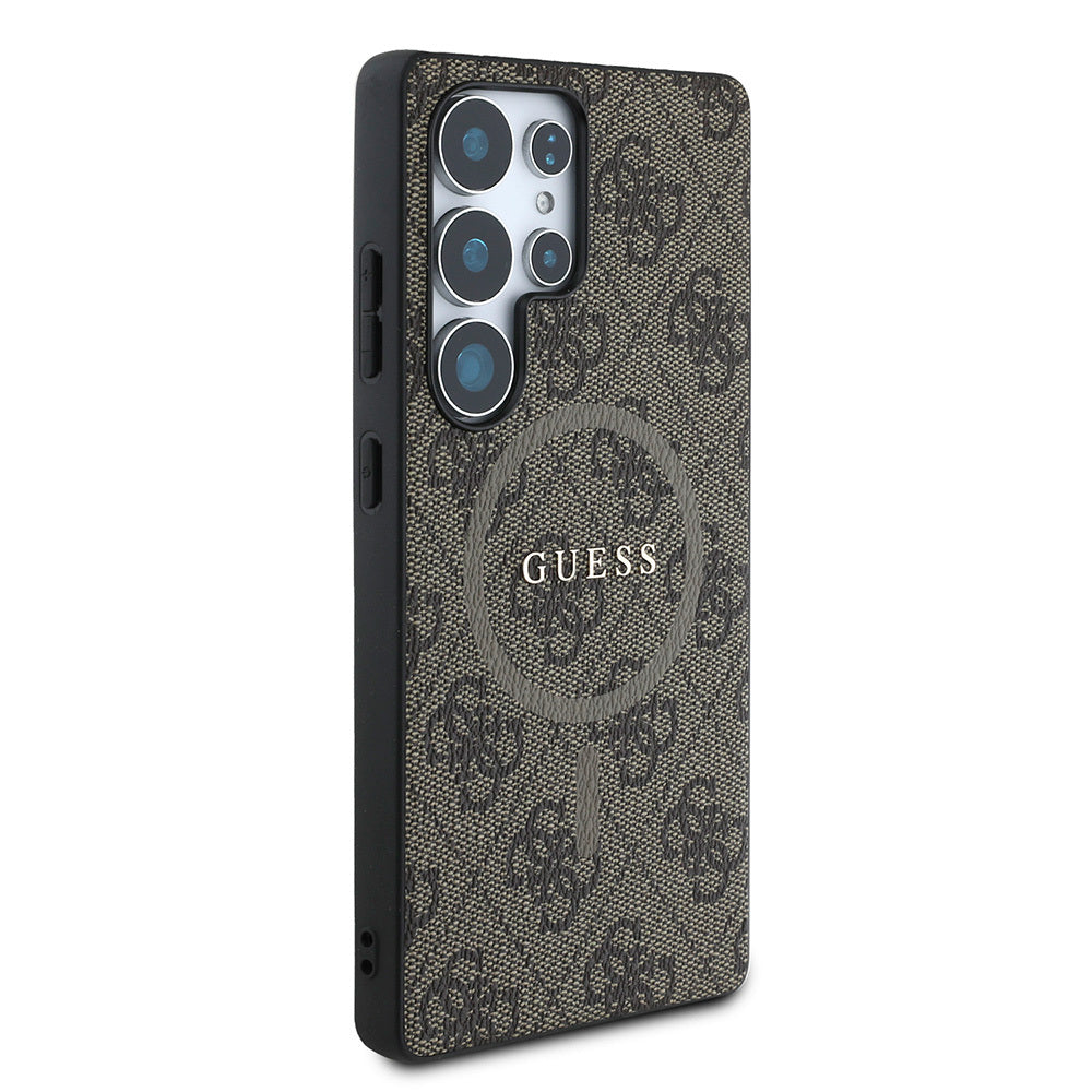 Galaxy S25 Ultra Case Guess Original Licensed M-safe Charging Feature PU Ring 4G Patterned Text Logo Cover Black