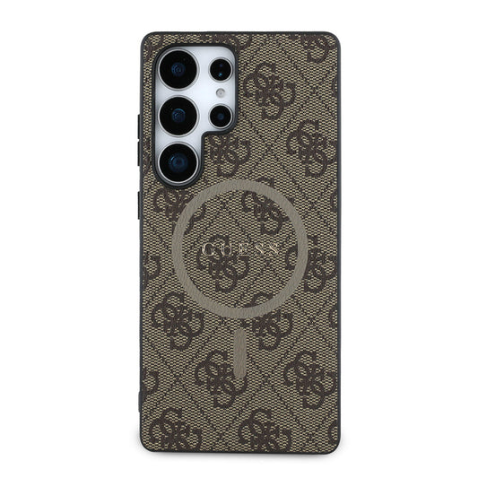 Galaxy S25 Ultra Case Guess Original Licensed M-safe Charging Feature PU Ring 4G Patterned Text Logo Cover Brown