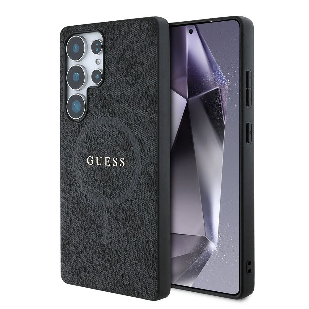 Galaxy S25 Ultra Case Guess Original Licensed M-safe Charging Feature PU Ring 4G Patterned Text Logo Cover Black