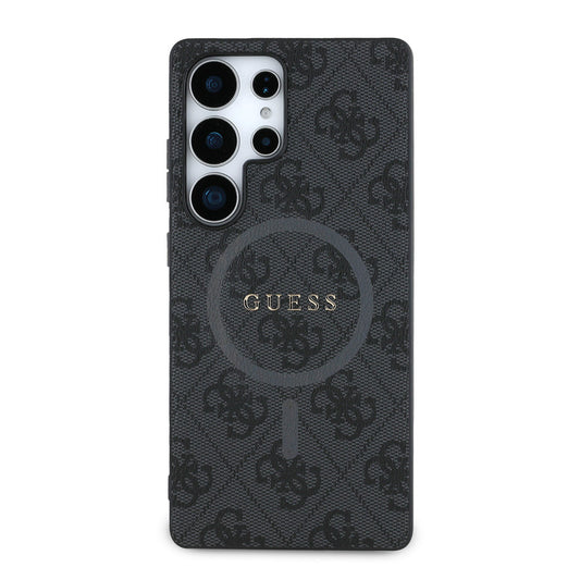 Galaxy S25 Ultra Case Guess Original Licensed M-safe Charging Feature PU Ring 4G Patterned Text Logo Cover Black
