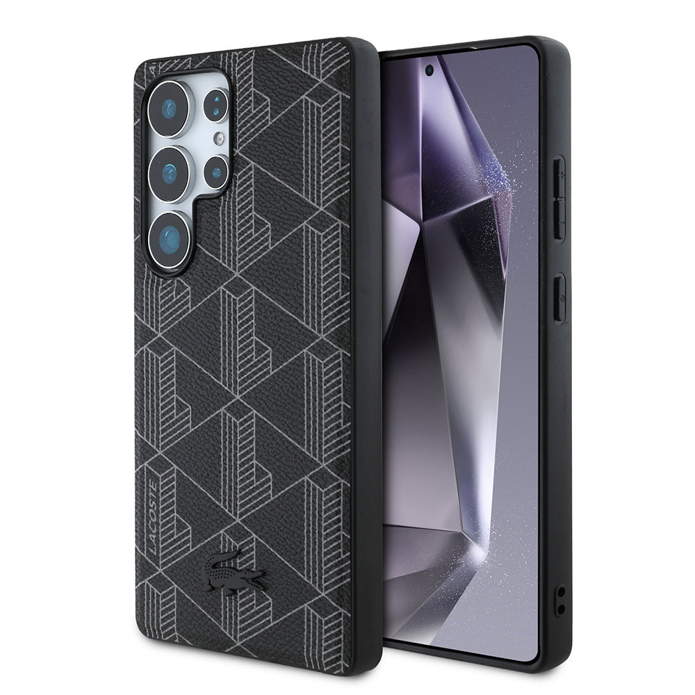 Galaxy S25 Ultra Case Lacoste Original Licensed M-Safe Charging Function PU Leather Look Mixed Monogram Pattern Cover Black