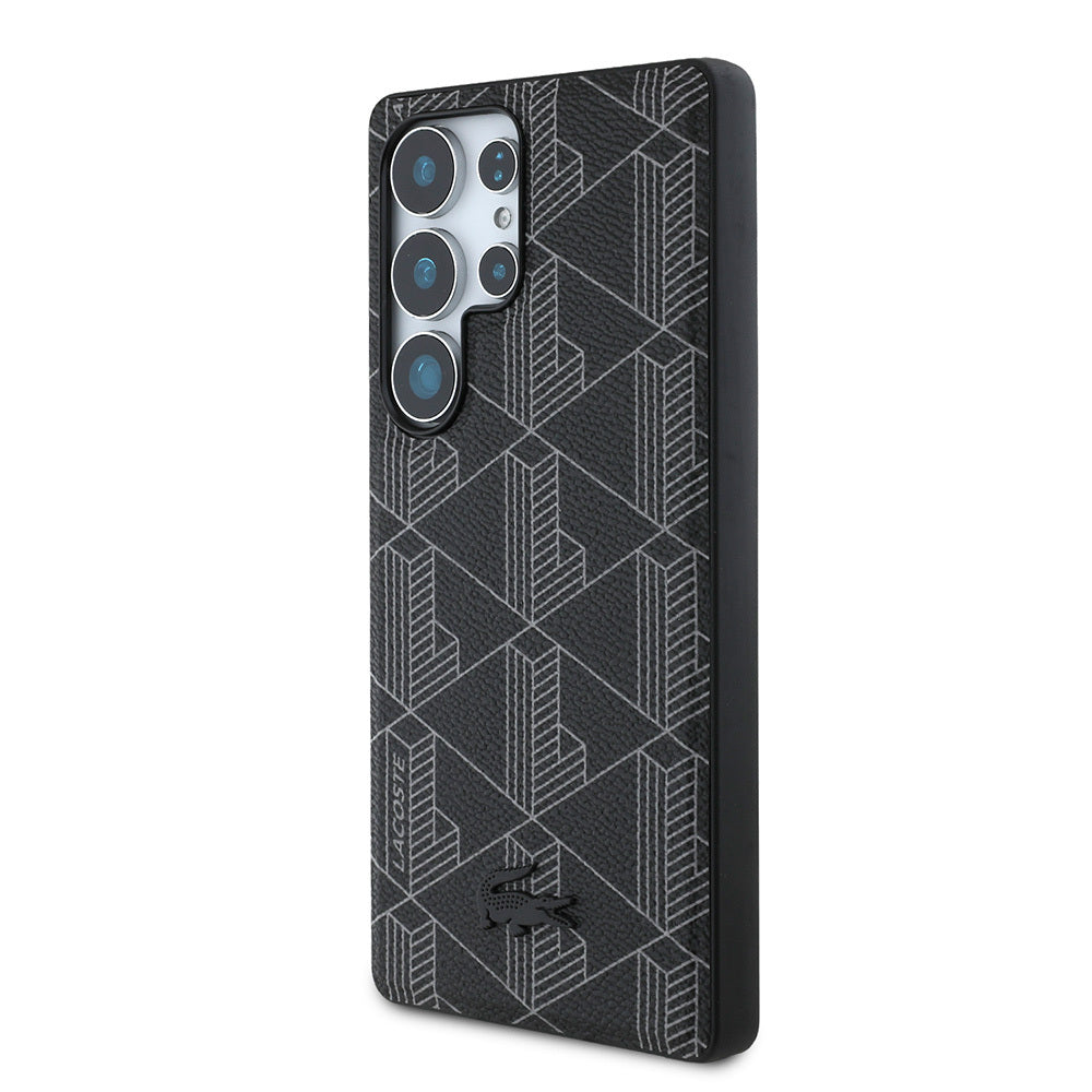 Galaxy S25 Ultra Case Lacoste Original Licensed M-Safe Charging Function PU Leather Look Mixed Monogram Pattern Cover Black