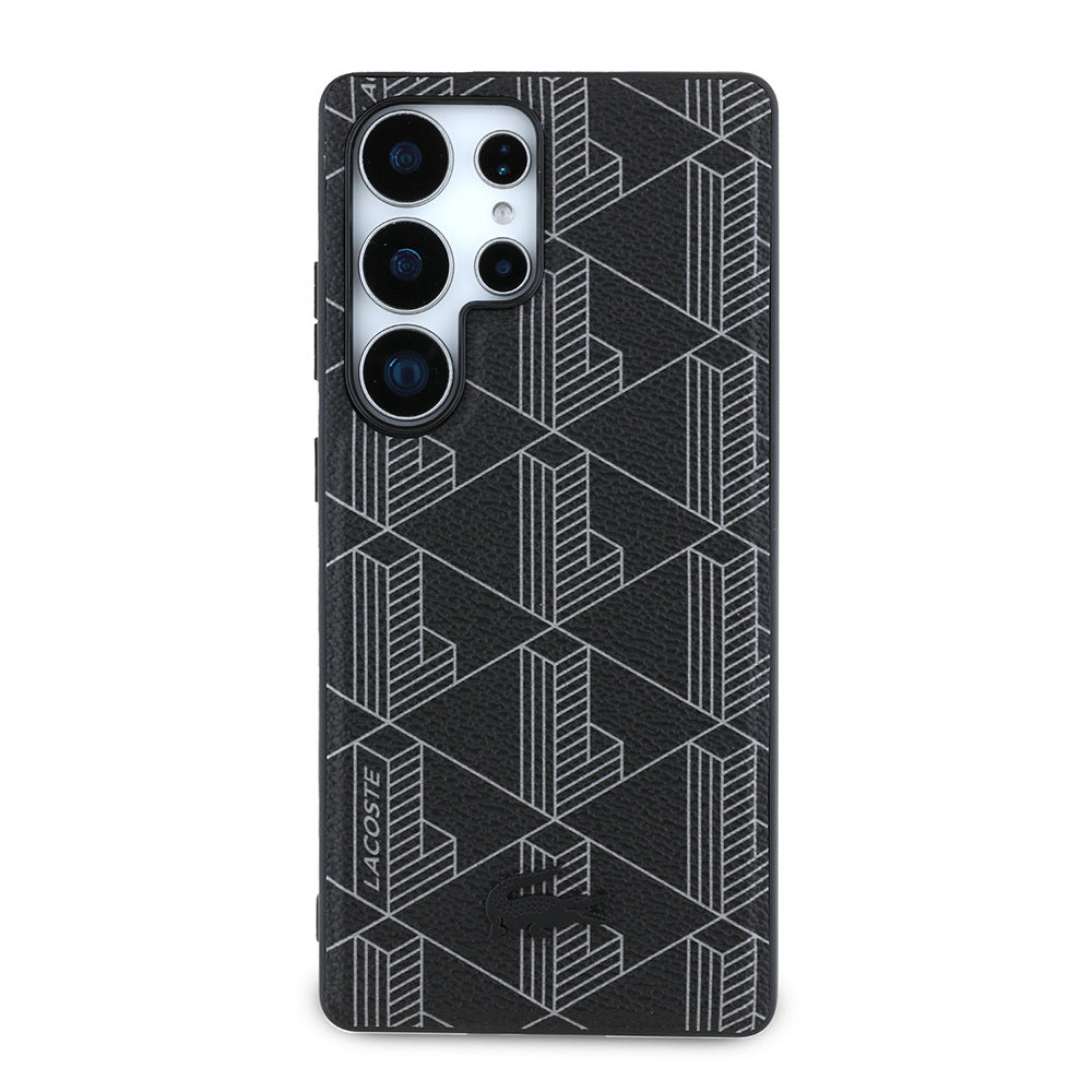 Galaxy S25 Ultra Case Lacoste Original Licensed M-Safe Charging Function PU Leather Look Mixed Monogram Pattern Cover Black