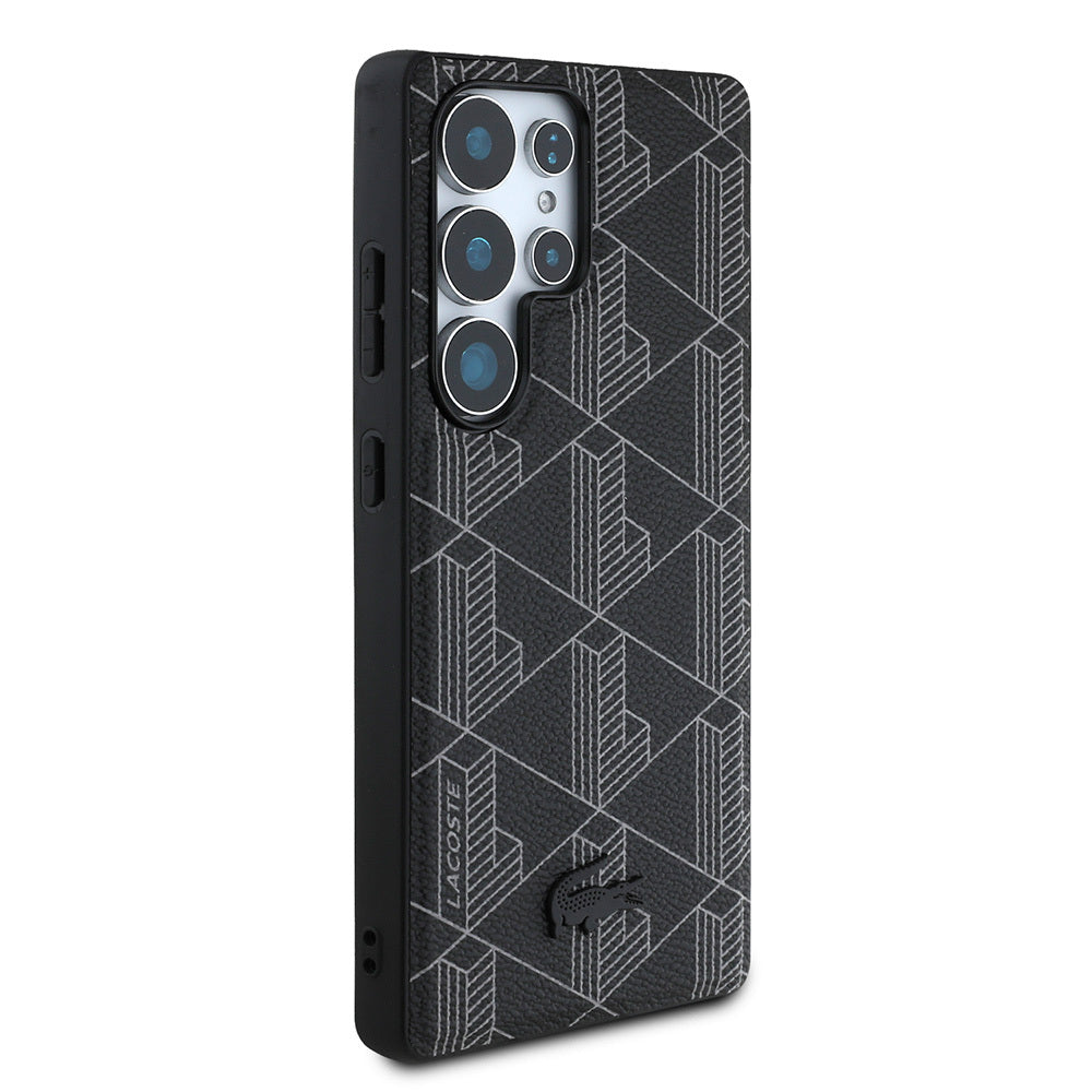 Galaxy S25 Ultra Case Lacoste Original Licensed M-Safe Charging Function PU Leather Look Mixed Monogram Pattern Cover Black