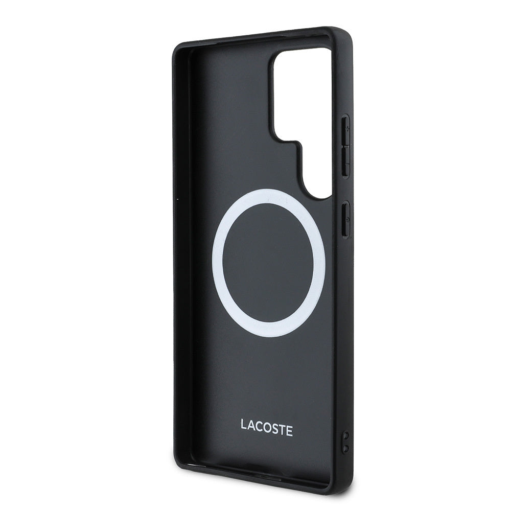Galaxy S25 Ultra Case Lacoste Original Licensed M-Safe Charging Function PU Leather Look Mixed Monogram Pattern Cover Black
