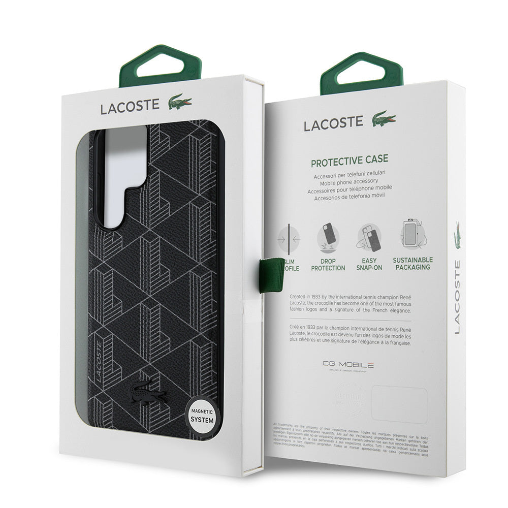 Galaxy S25 Ultra Case Lacoste Original Licensed M-Safe Charging Function PU Leather Look Mixed Monogram Pattern Cover Black