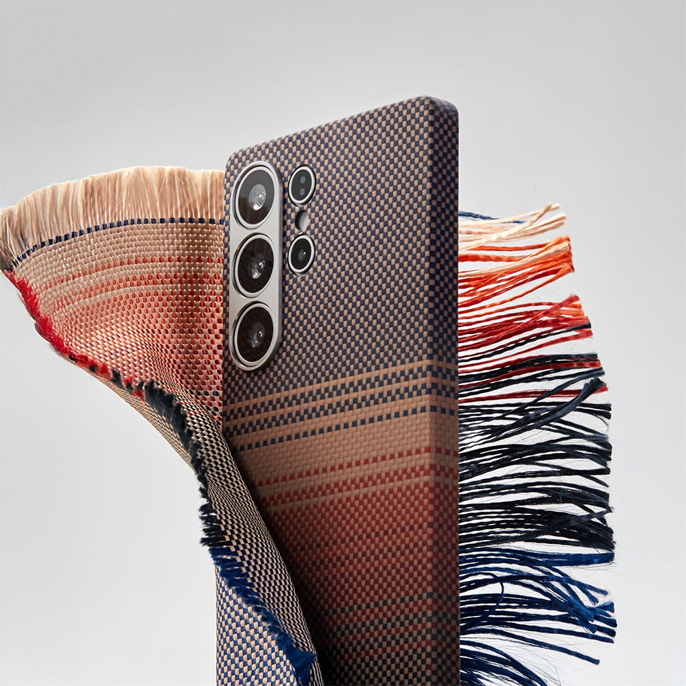 Galaxy S25 Ultra Kılıf M-safe Şarj Özellikli Aramid Fiber Pitaka Tactile Woven Sunset-Moonrise Serisi Kapak Mavi