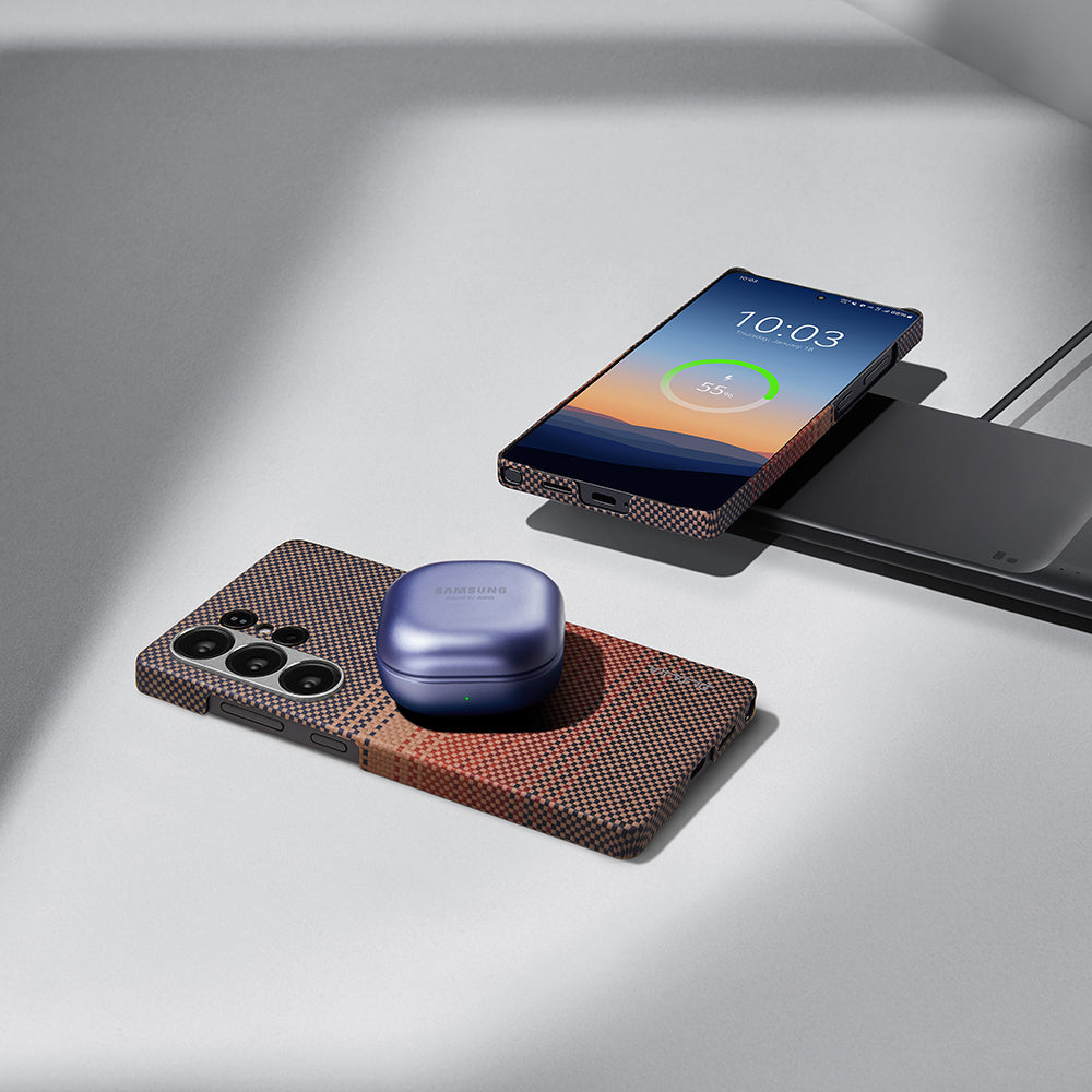 Galaxy S25 Ultra Kılıf M-safe Şarj Özellikli Aramid Fiber Pitaka Tactile Woven Sunset-Moonrise Serisi Kapak Kahverengi