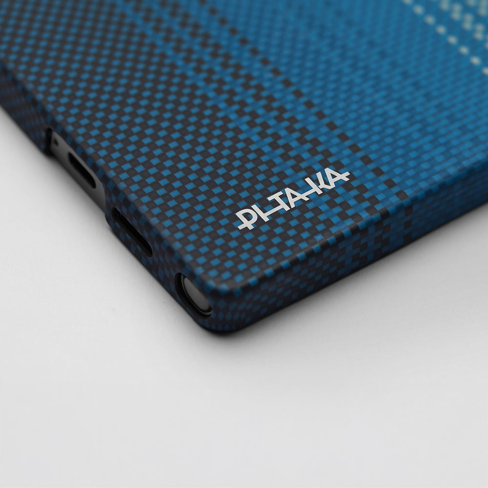 Galaxy S25 Ultra Kılıf M-safe Şarj Özellikli Aramid Fiber Pitaka Tactile Woven Sunset-Moonrise Serisi Kapak Mavi