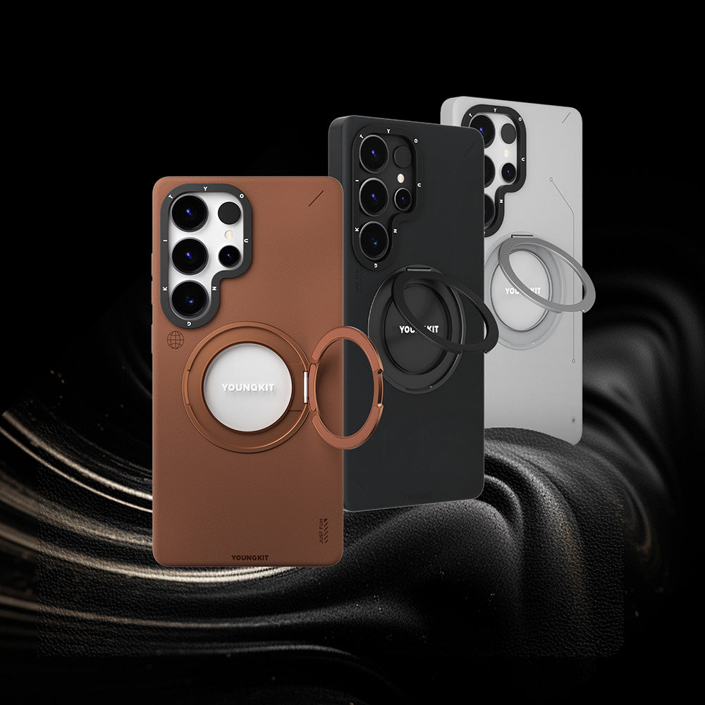 Galaxy S25 Ultra Kılıf M-safe Şarj Özellikli 360° Standlı Basit Mat Deri Desenli Youngkit Tech Leather Serisi Kapak Siyah